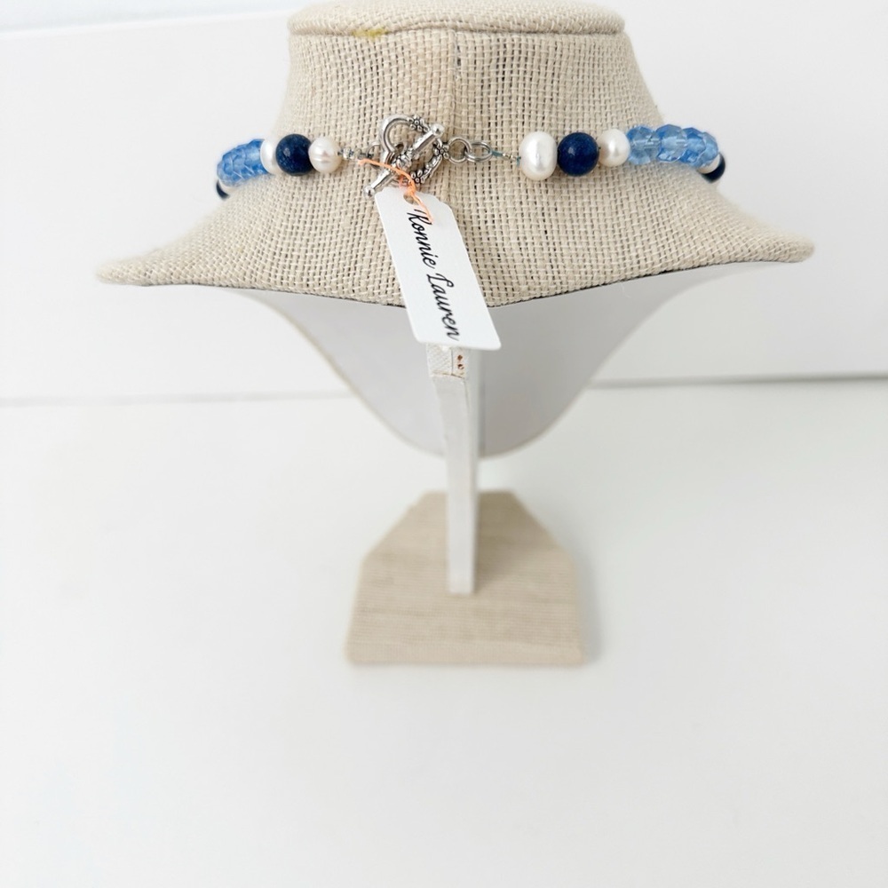 NWT Genuine Lapis, Pearls & Crystals Necklace Blue White Bead Beaded - Picture 3 of 4